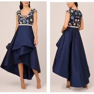 ADRIANNA PAPELL CAP SLEEVE BEADED GOWN WITH TAFFETA HIGH LOW SKIRT